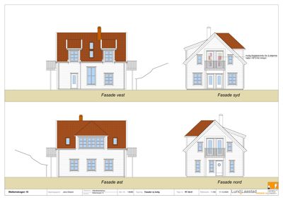 Fasadetegning som viser bygningens utseende fra fire sider: vest, syd, øst og nord.