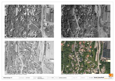 Bildet viser en samling av fire flyfotoer (luftbilder) av tomta i Walemsskogen 15, tatt i ulike år (1970, 1982, 1985 og 2005).