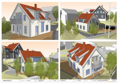 En samling av fire 3D-visualiseringer (renderinger) som viser ulike vinkler og perspektiver på en planlagt bolig. Bildene illustrerer fasade, omgivelser og kontekst.