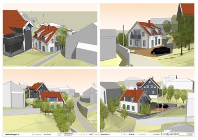 Fire perspektivtegninger (renderinger) som viser et nytt hus i en eksisterende bebyggelse, inkludert omgivelser, trær og bilplassering.