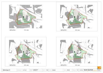 Situasjonsplaner som viser ulike solforhold (51% til 55% i solen) for en bygning på Wallem skogen 15.