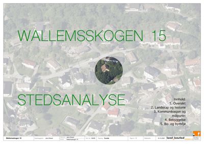 Flyfoto av et boligområde med overlappende tekst om stedanalyse.