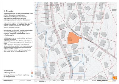 Situasjonsplan som viser tomt, bygninger, veier og reguleringer for et område i Laksøvegen.