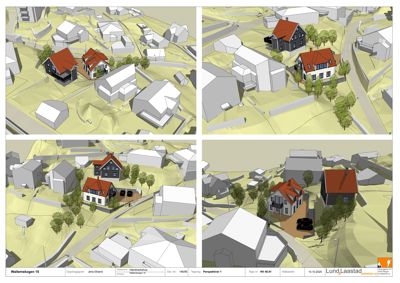 Fire perspektivtegninger (renderinger) som viser et nytt hus i en eksisterende bebyggelse, inkludert omgivelsene, terreng og nabolag.