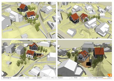 Fire perspektivtegninger (renderinger) som viser et nytt hus i forhold til eksisterende bygninger og topografi.