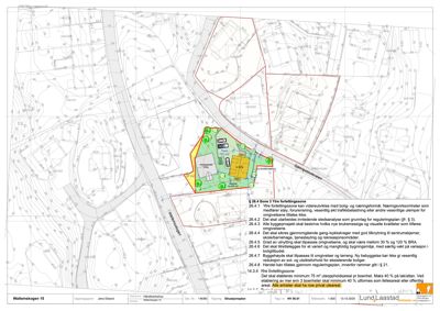 Situasjonsplan som viser tomtens beliggenhet, grenser, høydemål og reguleringer.