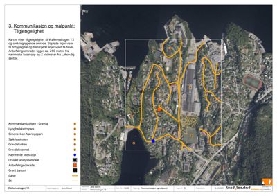Satellittbilde med overlagte gater og punkter som viser kommunikasjonsnett og tilgjengelighet i et område.