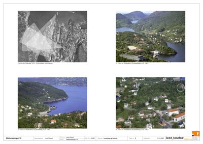 Bildet viser en samling av fire historiske flyfotoer (fra 1970 og 1963) av et område ved Walmøskogen, inkludert en oversikt over bygninger og topografi.