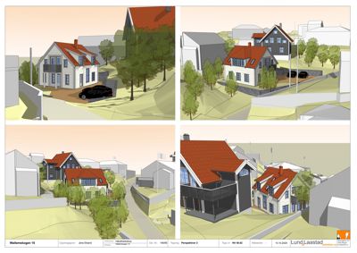 En 3D-visualisering (rendering) som viser et hus i sitt omgivelser fra fire ulike vinkler.