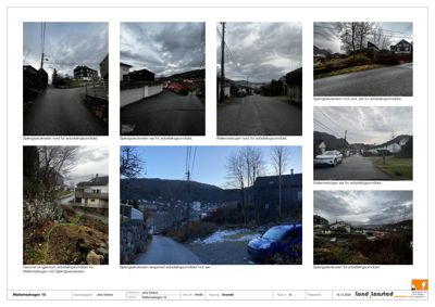 En samling av 8 fotografier som viser ulike vinkler på Sjøvikskoleveien og Wallemsskogen, inkludert veier, hus og terreng, med tekster som beskriver forholdet til et 'arbeidstingsområde'.