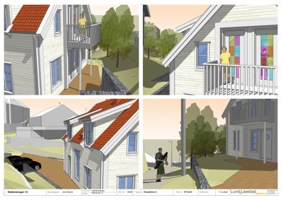 En 3D-visualisering (rendering) som viser et hus fra ulike vinkler med detaljer om fasade, tak, balkonger og omgivelser.