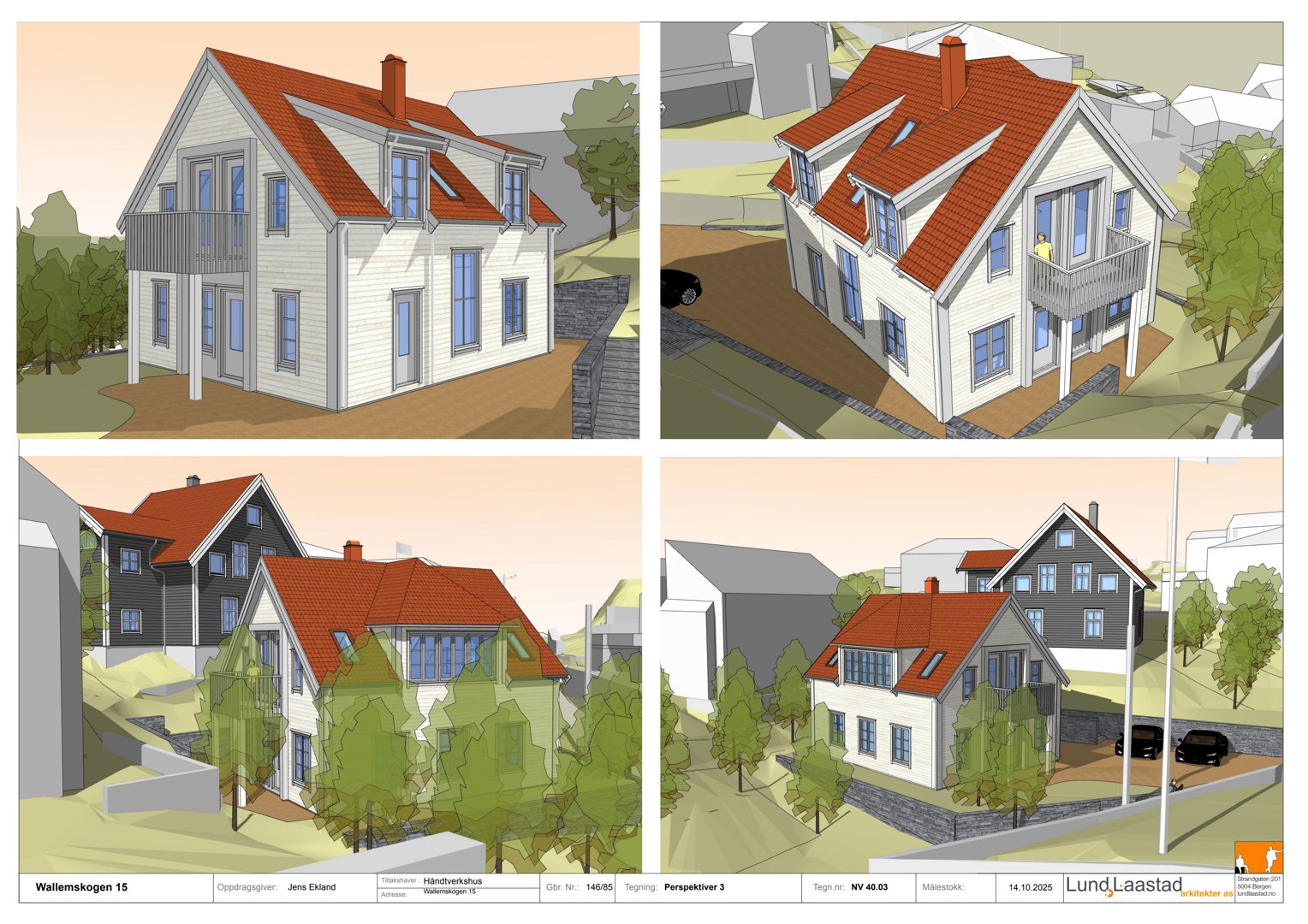 En samling av fire 3D-visualiseringer (renderinger) som viser en planlagt bolig fra ulike vinkler og i ulike kontekster (perspektiv, situasjon).