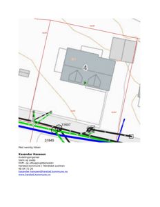 Kart eller situasjonsplan som viser eiendomsgrenser, vegnett og infrastruktur (vann/avløp) med koordinater.
