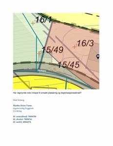 Situasjonsplan som viser eiendomsnummer (15/45, 15/49, 16/3, 16/1) og vegforhold.