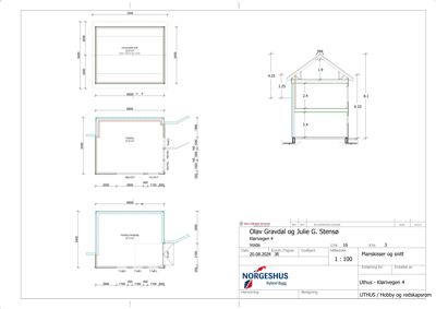 Plantegning som viser etasjeplaner (hobby, redskapsskap, garasje) og et snitt av bygningen.