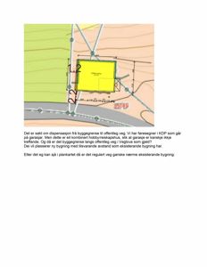 Situasjonsplan som viser tomtens form, plassering i forhold til offentlig veg, og foreslått plassering av en ny bygning (gult område).