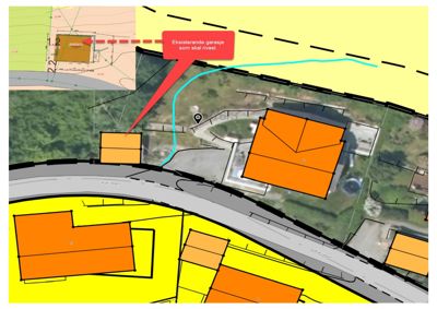 Situasjonsplan som viser tomtens beliggenhet i forhold til nabolag, veier (Kløftvegen, Kløftvegen) og eksisterende bygninger. Planen illustrerer også en planlagt rivning av en garasje.