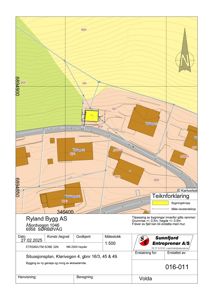 Situasjonsplan som viser tomtens beliggenhet i forhold til nabolag, veier og terrengforhold.