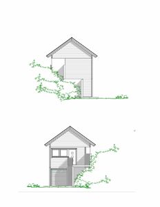 Bildet viser to fasadetegninger (opprikk) av en liten bygning, sannsynligvis en hytte eller garasje, sett fra utsiden.