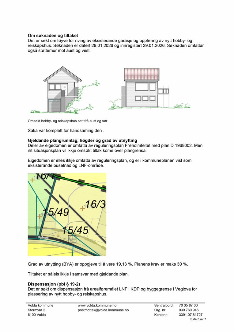 Dokumentet inneholder en illustrasjon av en garasje og et hobbyhus, samt en situasjonsplan og tekst om en byggesøknad.