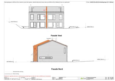 Tegning som viser fasadeoppsett for bygningen sett fra vest og nord, inkludert høydemål og takform.