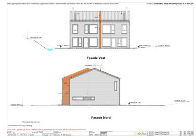 Bildet viser fasadetegninger for en bygning, spesifikt 'Fasade Vest' og 'Fasade Nord', med høydemålinger og terrenglinjer.