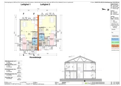 Hovedetasjens plantegning for to leiligheter (Leilighet 1 og Leilighet 2) med romfordeling og mål.