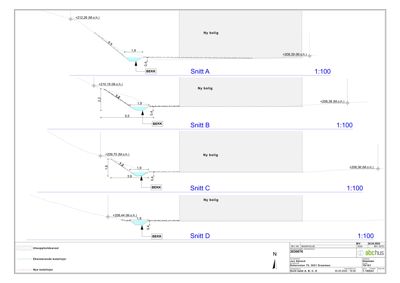 Snittegning som viser terrengform og nivåforskjeller for ny bolig.