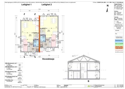 Etasjeplan for 'Hovedetasje' som viser romfordeling, mål og veggtyper for Leilighet 1 og 2.