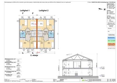 Etasjeplan for 2. etasje som viser romfordeling for to leiligheter (Leilighet 1 og Leilighet 2) med romnavn og areal.