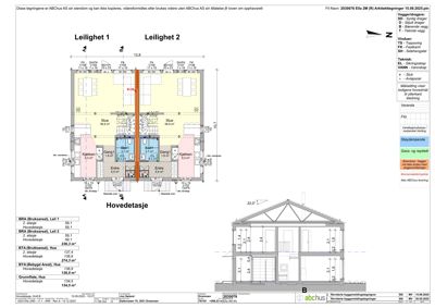 Bildet viser et etasjeplan (hovedetasje) for to leiligheter med romfordeling og mål.