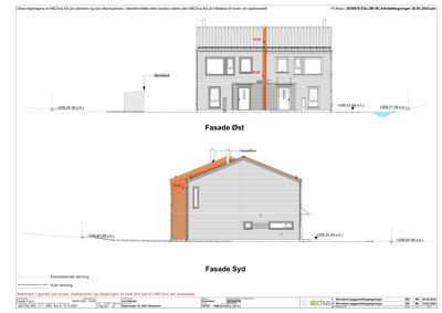 Fasadetegning som viser bygningens utseende sett fra øst og syd.
