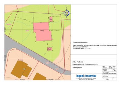 Situasjonsplan som viser tomtens grenser, naboeiendommer og bygningsplassering.