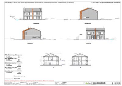 Bildet viser en tegning med fire fasadeoppvisninger (Vest, Nord, Syd, Øst) for et hus, samt to snittegninger (A og B) og arealoppsett.