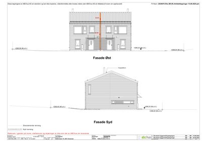 Fasadetegning som viser bygningens utseende sett fra øst og syd.