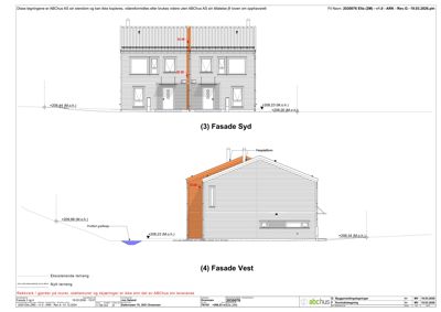 Fasadetegning som viser bygningens utseende fra syd og vest med høydeangivelser.