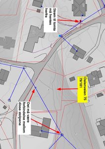 Situasjonsplan som viser tomt, vei, nabohus og tekniske installasjoner med merknader.