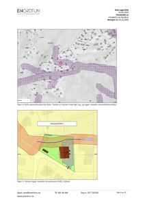 Bildet viser to kart som illustrerer bygningens plassering i forhold til områder med aktsomhetskrav og hensynssone. Det er tegnet på en situasjonsplan.