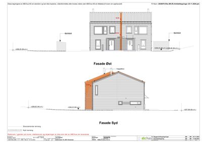 Fasadetegning som viser bygningens utseende sett fra øst og syd med høydeangivelser.