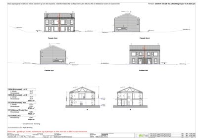 Bildet viser en tegning med fasadeopprikk for en bygning sett fra fire sider (Vest, Nord, Syd, Øst) samt to snittegninger (A og B) som viser takkonstruksjonen.