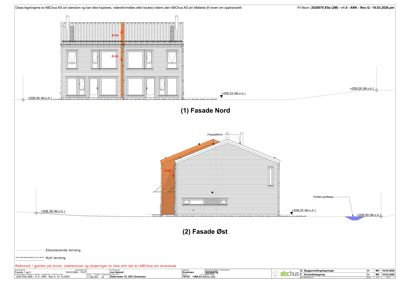 Fasadetegning som viser bygningens utseende sett fra nord og øst.