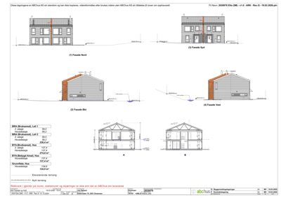 Fasadetegning som viser bygningens utseende fra fire sider (Nord, Syd, Øst, Vest) samt snittegninger (A og B) og arealoppsett.