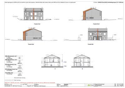 Bildet viser en tegning med fasadetegninger for en bygning (Fasade Vest, Nord, Syd, Øst) samt snittegninger (A og B) og arealoppsett.