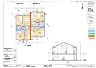 Etasjeplan for 2. etasje med romfordeling, mål og teknisk informasjon.