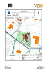 Situasjonskart som viser tomtens grenser, eksisterende og planlagte bygg, samt infrastruktur i området.