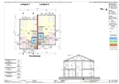 Etasjeplan (Hovedetasje) for to leiligheter med romfordeling og mål.