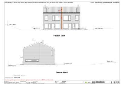 Fasadetegning som viser bygningens utseende sett fra vest og nord, inkludert høydemål og terrengforhold.