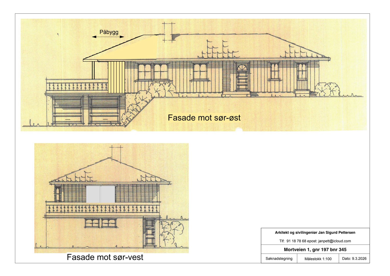 Fasadetegning som viser bygningens utseende fra to sider (sør-øst og sør-vest), inkludert detaljer som tak, vinduer, balkonger og påbygg.