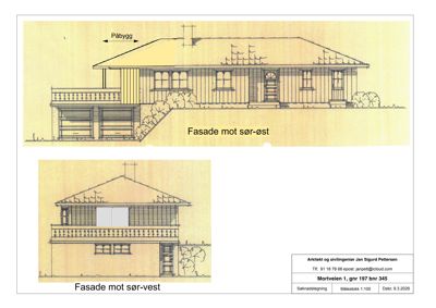 Fasadetegning som viser bygningens utseende fra to sider (sør-øst og sør-vest), inkludert detaljer som tak, vinduer, balkonger og påbygg.