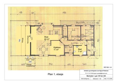 Etasjeplan (1. etasje) med romfordeling, mål og notasjoner om påbygg/brukendring.